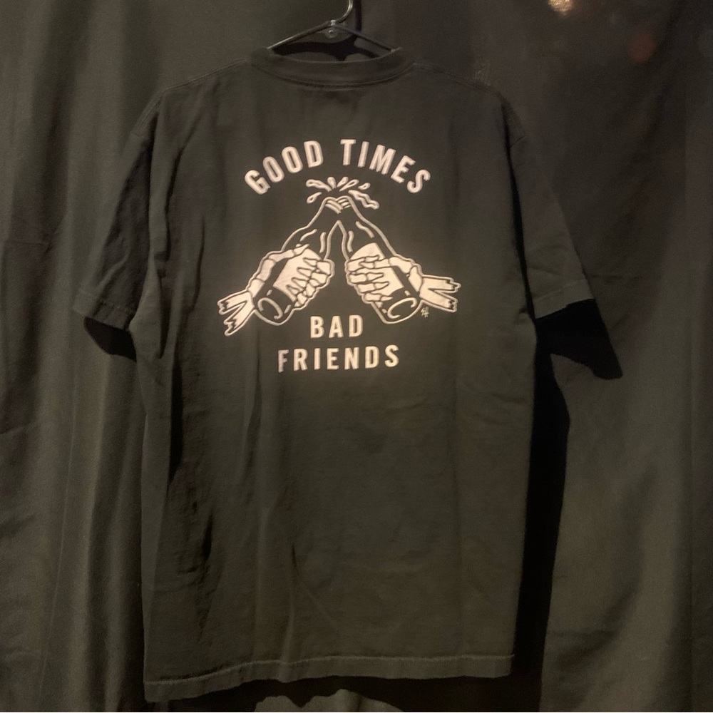 Good Times Bad Friends Shirt Mens Sz L Used Black 21x29 Little Hole Under Armpit
